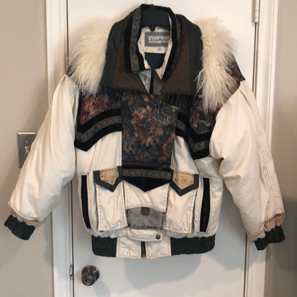 J Gallery size S Patchwork Parker bomber style 80’s jacket zip up and buttons.